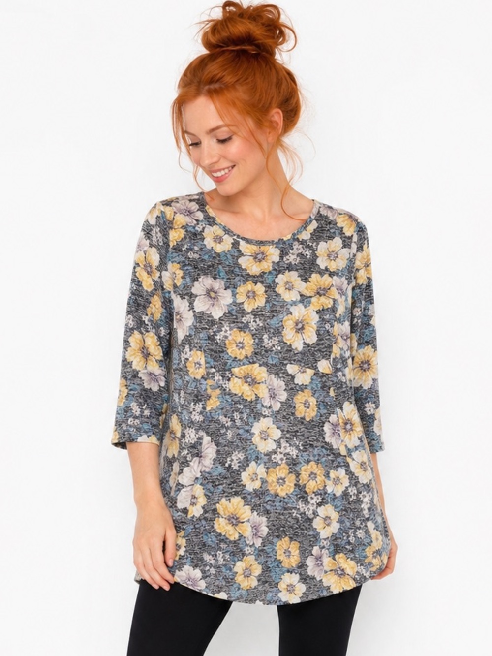Bobeau Retro Heathered Floral 3/4 Sleeve Soft Lightweight Knit Tunic Top Size 1X